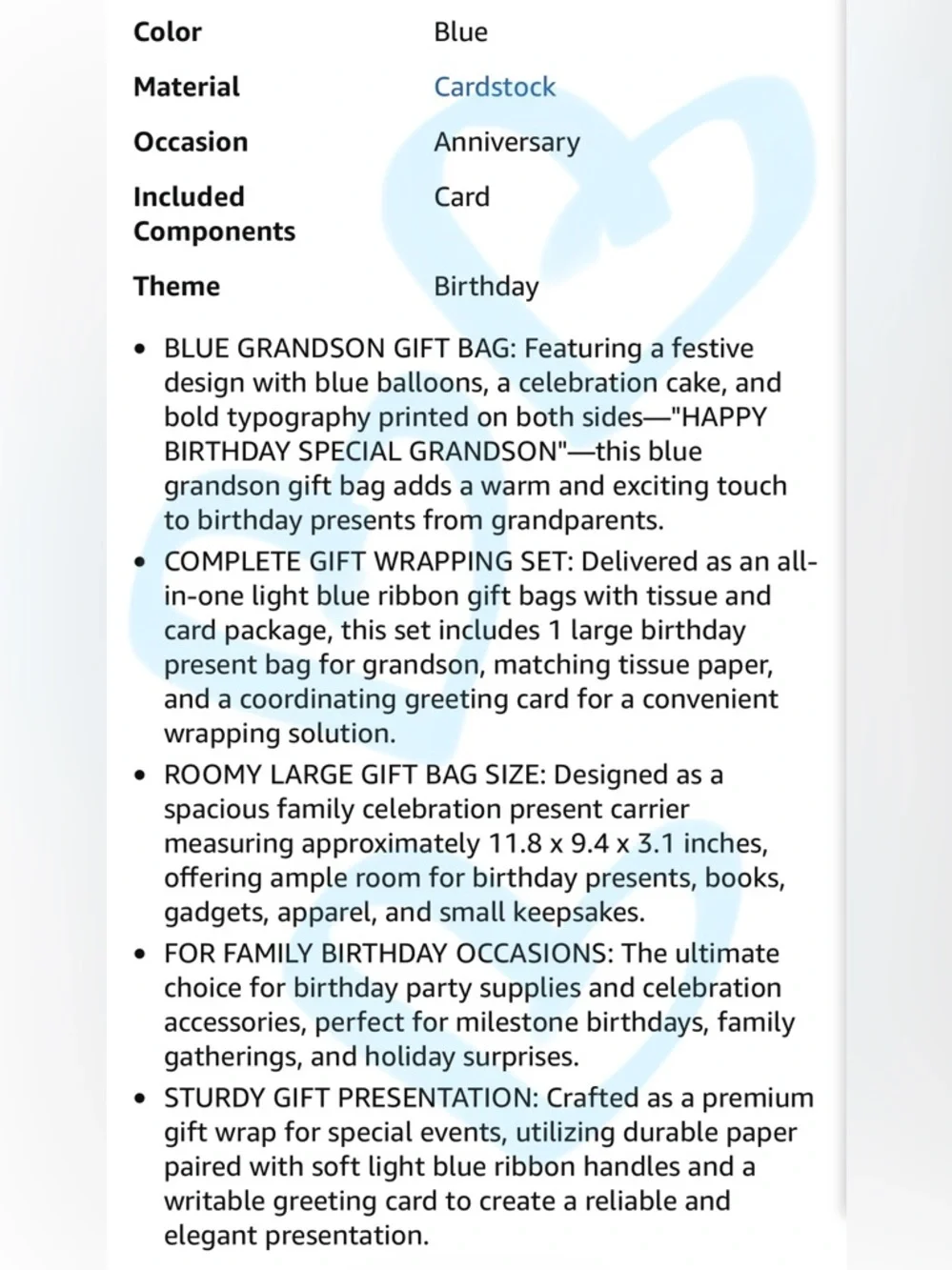 Happy Birthday Grandson Gift Bag with Blue Tissue Paper